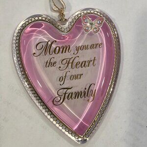 Mom Heart of Our Family Glass Heart Ornament with Crystals Hanging Decor Gift